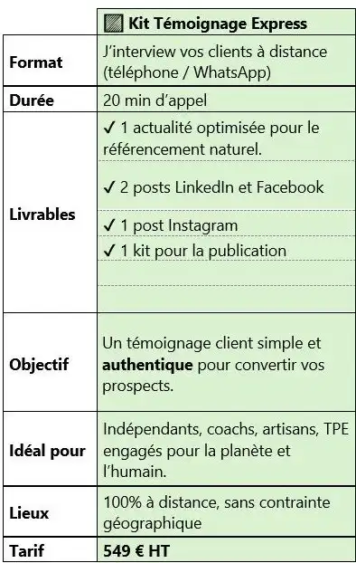tarifs temoignages client ecrit